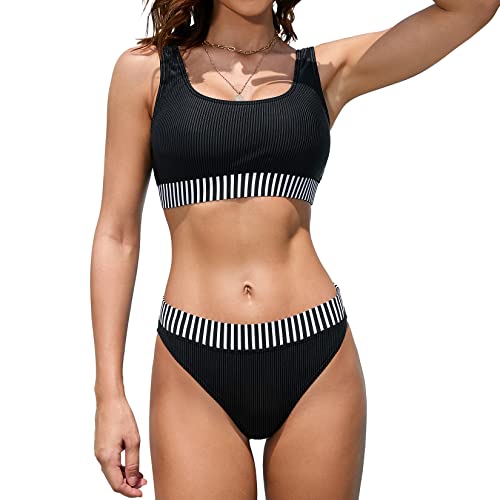 iSLASISIA Damen Sport Badeanzüge Zweiteiliger Crop Top Gerippter Bikini mit frechem Unterteil(Schwarz & Streifen,EU38) von iSLASISIA