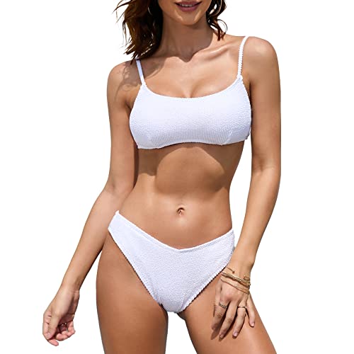 iSLASISIA Damen Sport Badeanzüge Zweiteiliger Crop Top Gerippter Bikini mit frechem Unterteil(Weiß,EU38) von iSLASISIA