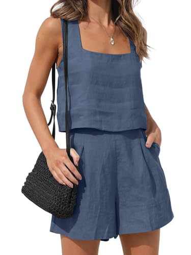iSpchen Leinen passende Sets 2-teiliges Zweiteiler FreizeitTops Camisole Ärmellos Sommer Zweiteiler Damen Tank Top Und Shorts Kurz Business Arbeit Streetwear,Königsblau M iSpchen Leinen passende Sets 2-teiliges Zweiteiler FreizeitTops Camisole Ärmellos Sommer Zweiteiler Damen Tank Top Und Shorts Kurz Business Arbeit Streetwear,Königsblau M von iSpchen