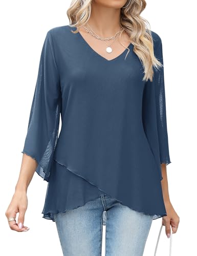 iWoo Damen Tunika Elegant Chiffon 3/4 Ärmel Sommerbluse Tuniken Für Damen Leicht Longshirt Sommer Schöne Oberteile Fließende Longtunika Grau Blau L von iWoo