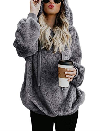 iWoo Hoodie Damen Kapuzenpullover Mantel Langarm Teddy-Fleece Sweatshirt Pullover Casual Winter Oversize Sweatshirt(Dunkelgrau,M) von iWoo