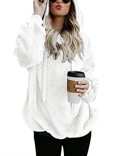 iWoo Hoodie Pullover Teddyfleece Jacke Damen Winter Lose Warm Kapuzenpullover Baumwolle Einfarbig Fleecejacke(Weiß,XXL) von iWoo