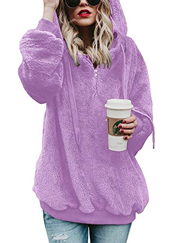 iWoo Kapuzenpullover Damen Langarmshirt Oberteile Hoodie Sweatjacke Teddy - Mantel Warm Flauschig Teddy-Fleece Pullover(Lila,XXL) von iWoo