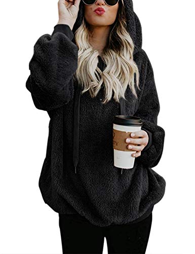 iWoo Kapuzenpullover Damen Langarmshirt Oberteile Hoodie Sweatjacke Teddy - Mantel Warm Flauschig Teddy-Fleece Pullover(Schwarz,XXL) von iWoo