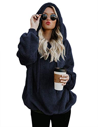 iWoo Kapuzenpullover Damen Sweatshirt Warm Hoodie Teddy-Fleece Langarm Oversize Sweatshirt Mit Kapuze Pullover(Navy Blau,XL) von iWoo