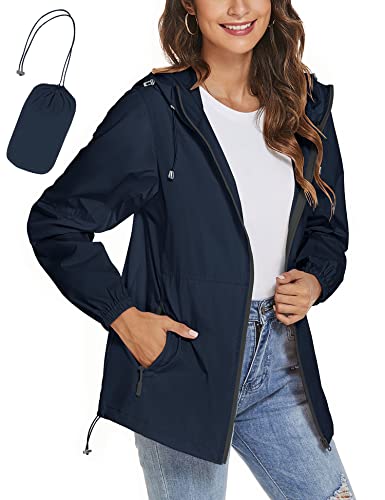 iWoo Regenjacke Damen Wasserdicht Atmungsaktiv Funktionsjacke Leicht Regenmantel Dünne Rains Outdoorjacke Sport Übergangsjacke, Navy Blau M von iWoo