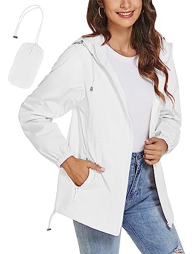 iWoo Regenjacke Damen Wasserdicht Atmungsaktiv Sommerjacke Leicht Regenmantel Dünne Rains Outdoorjacke Sport Übergangsjacke für Wandern Reisen, Weiß M von iWoo