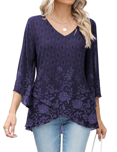 iWoo Tunika Damen Große Größen Sommer Elegant Longshirt Chiffon 3/4 Ärmel Festliche Schöne Oberteile Langshirt Lässig Hemdbluse Sommerblusen Blumiges Lila XXL von iWoo