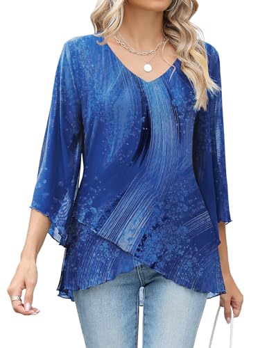 iWoo Tunika Damen Sommer Große Größen Elegant Schöne Oberteile Sommerbluse Tuniken Für Damen Blumendruck Shirt Damenkleidung 3/4 Ärmel Longtunika Blumenblauer Himmel XXL von iWoo