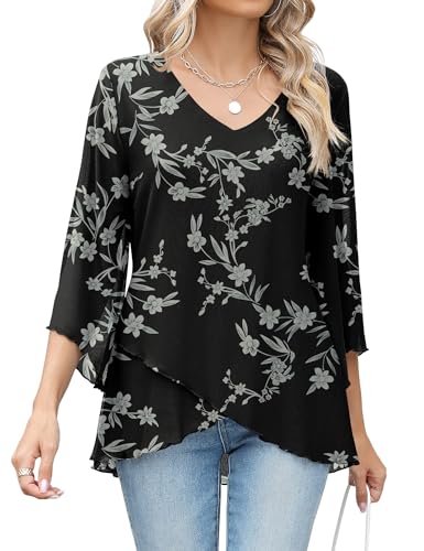 iWoo Tunika Damen Sommer Große Größen Elegant Schöne Oberteile Sommerbluse Tuniken Für Damen Blumendruck Shirt Damenkleidung 3/4 Ärmel Longtunika Blumenschwarz XXL von iWoo