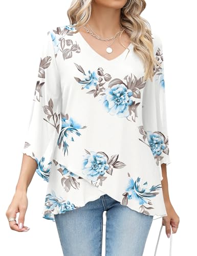 iWoo Tunika Damen Sommer Große Größen Elegant Weiß Schöne Oberteile Sommerbluse Tuniken Für Damen Blumendruck Shirt Damenkleidung 3/4 Ärmel Longtunika Blumenweiß XXL von iWoo