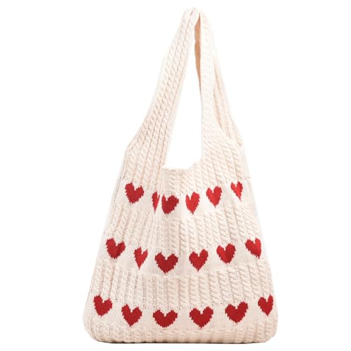 ibalulu Strandtasche Umhängetasche damen Handtasche Gestrickte Tasche Shopper Tasche Damen-Strick-Love-Häkeltasche Tote Bag Schultertasche für Einkaufen Urlaub Reise (Beige) von ibalulu