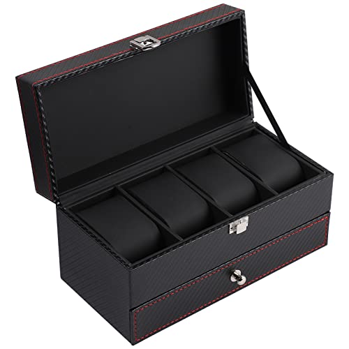 ibasenice Box Organizer mit Drawer Black Carbon Fiber Kunstleder 4 Fächer Aufbewahrungsbox für Herren von ibasenice