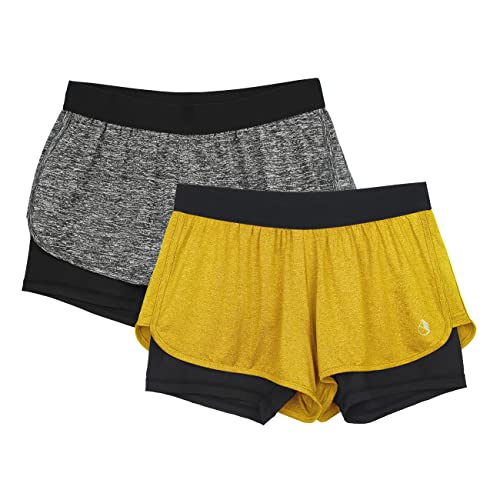 icyzone Damen Laufshorts 2 in 1 Sport Yoga Training Shorts Kurze Sporthose Laufhose, 2er Pack (Charcoal/Mustard, XL) von icyzone