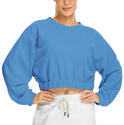 icyzone Damen Cropped Pullover Fleece Gefüttert Langarm Sweatshirt Rundhals Pulli Crop Top (Royal Blue, M) von icyzone