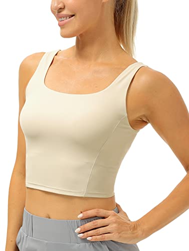 icyzone Damen Cropped Yoga Tops mit Integriertem BH, Quadratischer Hals Sport Fitness Tank Top (L, Cream White) von icyzone