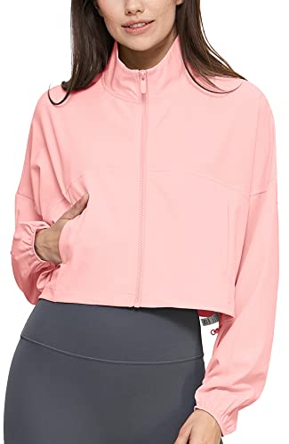 icyzone Damen Damen Laufjacke Trainingsjacke Atmungsaktiv Outdoor Fitness Running Sport Jacke mit Taschen UPF 50+ (Pink, L) von icyzone