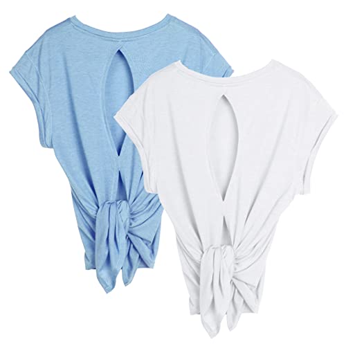 icyzone Damen Sport Top Fitness Yoga Shirt Rückenfrei Sommer Leichte Gym Top Sportshirt, 2er Pack (XL, White/Sky Blue) von icyzone