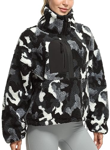 icyzone Damen Half Zip Teddy Fleece Pullover Sherpa Flauschig Warm Sweatshirt mit Taschen und Kordelzug (Black White Camo, S) von icyzone