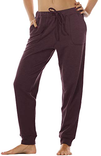 icyzone Damen Jogginghose Sporthose Lang Fitness Yoga Hose Freizeithose Trainingshose mit Taschen (L, Burgundy) von icyzone