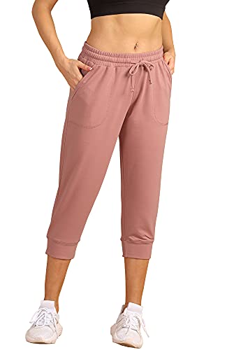 icyzone Damen Jogginghose 3/4 Sporthose Laufhose Loose Fit Sweathose Casual Capri Hose (M, Dusty Pink) von icyzone