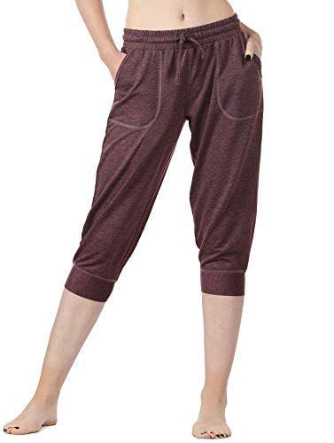 icyzone Damen Jogginghose 3/4 Sporthose Laufhose Loose Fit Sweathose Casual Capri Hose (XL, Burgundy) von icyzone