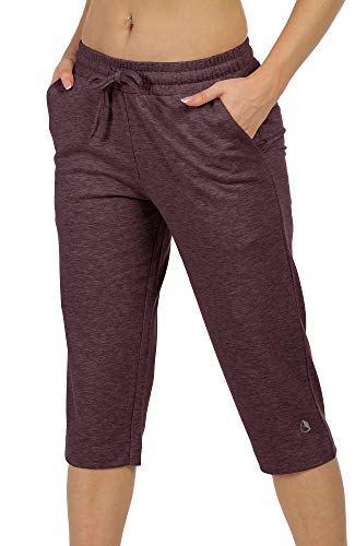 icyzone Damen Jogginghose 3/4 Sporthose Trainingshose Straight Bein Freizeit Hose mit Tasche (XL, Burgundy) von icyzone