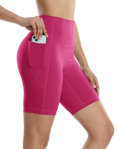 icyzone Damen Kurze Sporthose Laufshorts Hohe Taille Yoga Fitness Shorts Kurz Sport Leggings (M, Pink Lychee) von icyzone