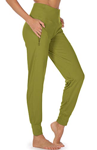 icyzone Damen Lang Sporthose Jogginghose mit Taschen Hohe Taille Sweathose Yoga Running Fitness Hosen (L, Senfgrün) von icyzone