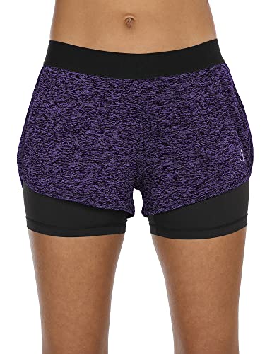 icyzone Damen Laufshorts 2 in 1 Sport Shorts Kurze Sporthose Laufhose Atmungsaktiv Fitness Yoga Shorts (XL, Purple) von icyzone