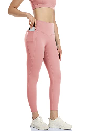 icyzone Damen Sport Leggings 7/8 Hohe Taille Yoga Sport Hose Gym Fitness Leggins mit Tasche (M, Pale Pink) von icyzone