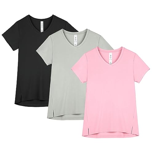 icyzone Damen Sport T-Shirt V-Ausschnitt Fitness Kurzarm Shirt Laufshirt Gym Yoga Top Funktionsshirt, 3er Pack (Black/Natural Grey/Rose Pink, L) von icyzone