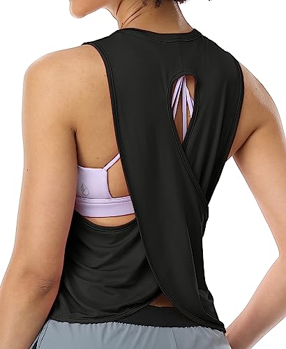 icyzone Damen Sport Tank Tops Cross Back Yoga Shirt Gym Training Locker Shirt Fitness Oberteile (S, Black) von icyzone