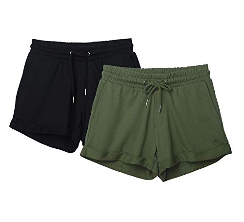 icyzone Damen Shorts Kurze Sporthose Jogginghose Atmungsaktiv Laufshorts Gym Fitness Shorts 2er Pack (XL, Black/Green) von icyzone