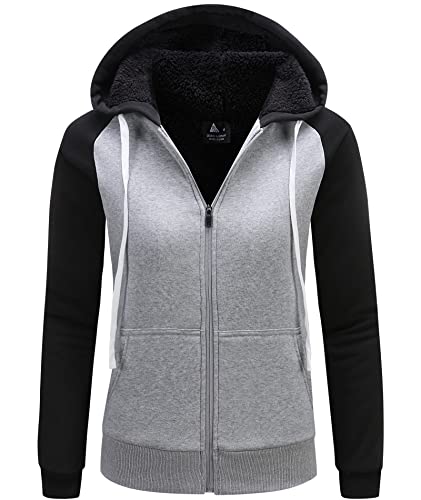 igeekwell Damen Fleecejacke mit Kapuze Outdoor Hoodie Damen Dick Sweatshirt Kapuzenpullover mit Fleece Jacke Pullover Warm Sweatjacke Damen Gefüttert Winterjacke mit Zipper(Schwarz Hellgrau-L) von igeekwell