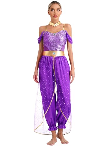 iiniim Damen Bauchtanz Kostüm Bauchtänzerin Orientalische Indische Verkleidung Halloween Karneval Fasching Party Tanzkleidung Aa Lila XXL von iiniim