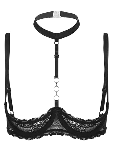 iiniim Damen Hebe BH Bustier Neckholder Push Up Spitze Bra 1/4 Bügel BH Tops Büstenhebe Büstenhalter Dessous Unterwäsche Schwarz L von iiniim