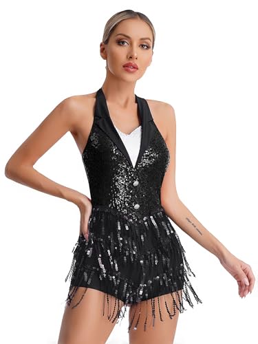 iiniim Damen Latein Tanzkleid Glitzer Ballettkleid Pailletten Fransen Jumpsuit Overall Jazz Tanzkleidung Ballsaal Show Performance Tanzkostüm Schwarz M von iiniim