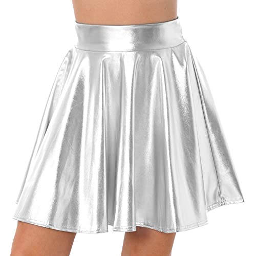 iiniim Damen Rock Wetlook Kurz Minirock A-Line Skater Rock Metallic Faltenrock Kurze Röcke Plisseerock GOGO Party Tanzkostüm Silber B XL von iiniim