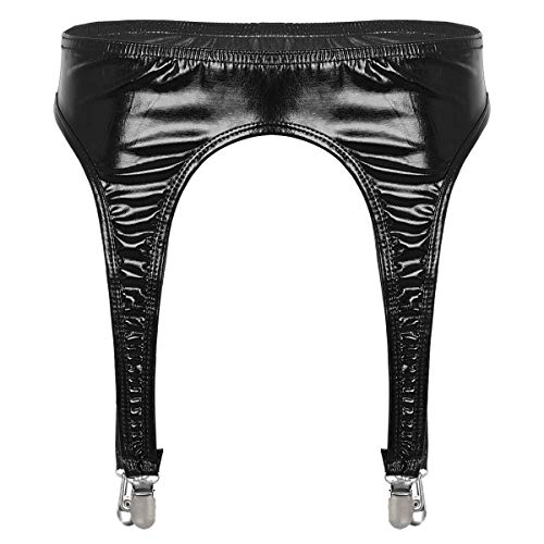 iiniim Damen Strumpfhalter Wetlook Mini Rock Strumpfband mit 4 Metall Clips Strümpfe Socken Strapsstrümpfe Strumpfgürtel Party Clubwear Schwarz Einheitsgröße von iiniim