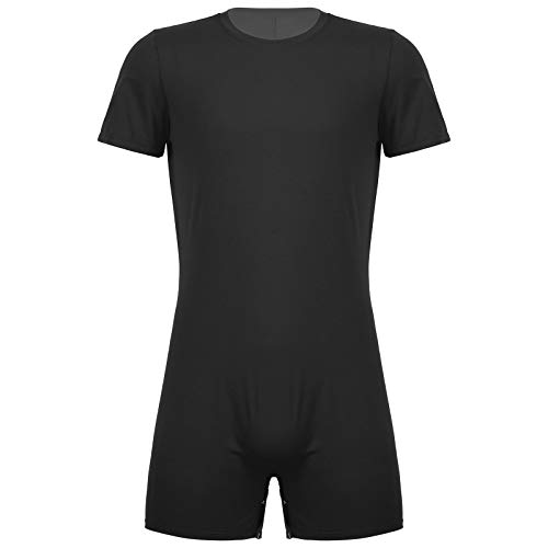 iiniim Herren Body Overall Kurzarm T-Shirt Unterhemd Einteiler Bodysuit mit Druckknöpfe im Schritt Sportbody Kurze Hose Shorts Schwarz XL von iiniim