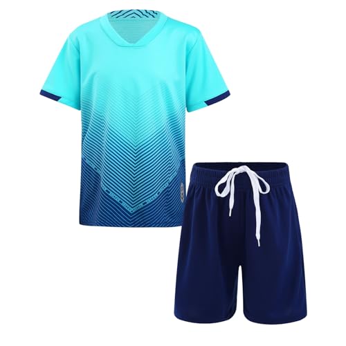 iiniim Kinder Jungen Sportanzug Trainingsanzug 2tlg. Schnelltrockend T-Shirt + Shorts Sport Set Jogginganzug Fußball Trikot Basketball Kleidung Himmel Blau 158-164 von iiniim