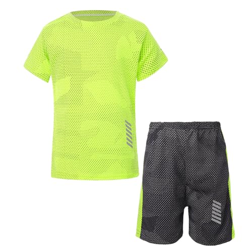 iiniim Kinder Sport Kleidung Set Jungen Fußball Trainingsanzug Kurzarm T-Shirt + Shorts Sportanzug Fußball Trikot Basketball Kleidung Fluorescent Grün 152-164 von iiniim