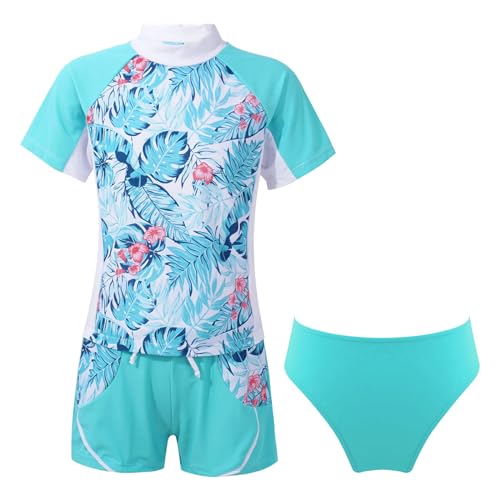 iiniim Kinder Mädchen Badeset UV-Schutz Badeanzug Hawaii Bikini Bademode Schwimmanzug Blumen Druck Bikini Tops mit Badeshorts Badeslip Hellgrün 134-140 von iiniim