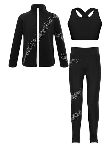 iiniim Kinder Mädchen Trainingsanzug Eiskunstlauf Anzug Glitzer Strass Langarm Sweatjacke + Hose Sport Leggings Yoga Gym Eislaufen Tanzkleidung Schwarz 146-152 von iiniim