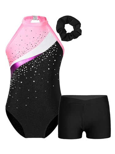 iiniim Kinder Mädchen Turnanzug Gymnastikanzug Ärmellos Ballettanzug Tanzbody mit Strass Ballett Trikot Gymnastik Leotard Gr.104-176 Schwarz&Rosa 176 von iiniim