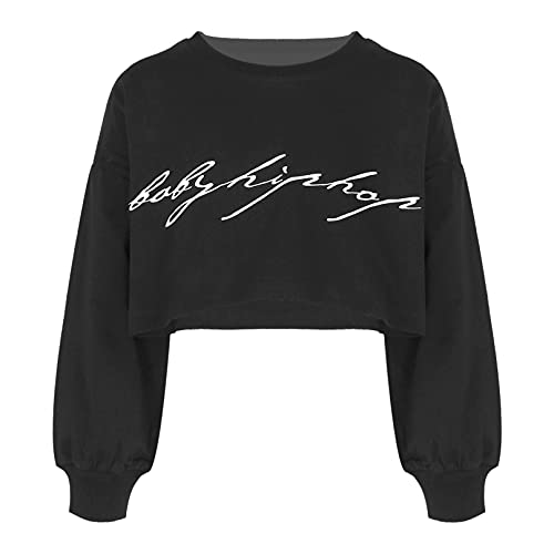 iiniim Mädchen Sweatshirt Langarmshirt Crop Tops Bauchfrei Oberteile mit Buchstaben Druck Kinder Hip Hop Kleidung Jazz Tanz Party Streetwear A Schwarz 170-176 von iiniim