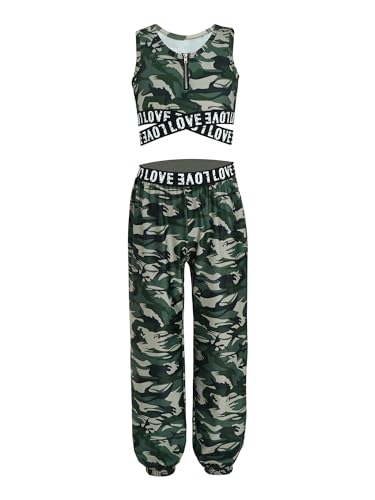 iiniim Mädchen Sport Set Jogginganzug Sport BH Crop Top Oberteile mit Fitness Hose Sport Jogger Tanz Yoga Training F Camouflage Grün 122-128 von iiniim