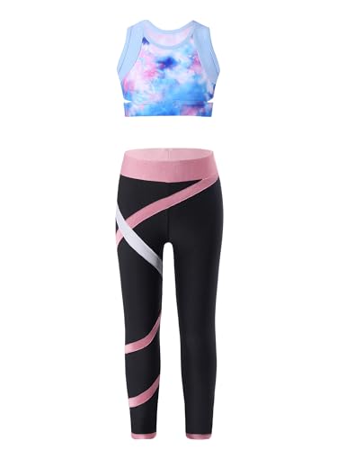 iiniim Mädchen Sport Kleidung Set Jogginganzug Sport BH Crop Top Oberteile mit Fitness Hose Jogger Gym Tanz Yoga Training I Blau&Rosa B 134-140 von iiniim