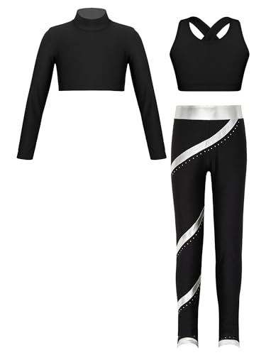 iiniim Mädchen Sport Kleidung Set Jogginganzug 3tlg. Langarmshirt Sport Crop Top Oberteile mit Leggings Sport Jogging Tanz Yoga Gym Training K Schwarz&Silber 158-164 von iiniim